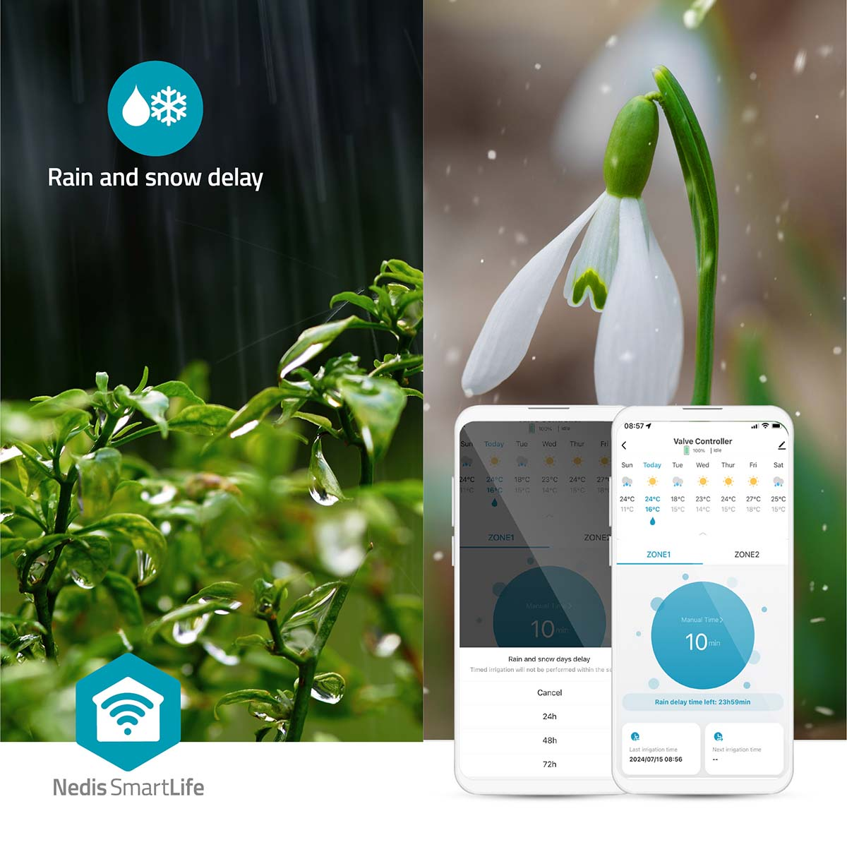Een smart home-apparaat met regen- en sneeuwvertraging en telefoon-apps.