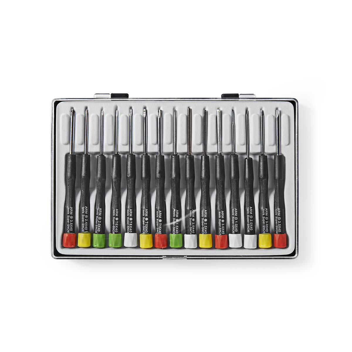 Präzisions-Schraubendreher-Set mit schwarzen Griffen, verschiedenfarbigen Spitzen, in einem grauen Etui.