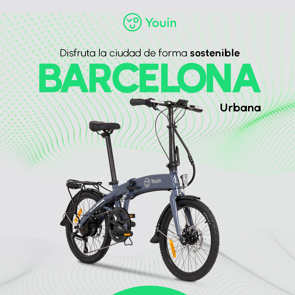 Składany rower elektryczny w kolorze niebieskim, z widocznym logo 'Barcelona' i nowoczesnym designem.