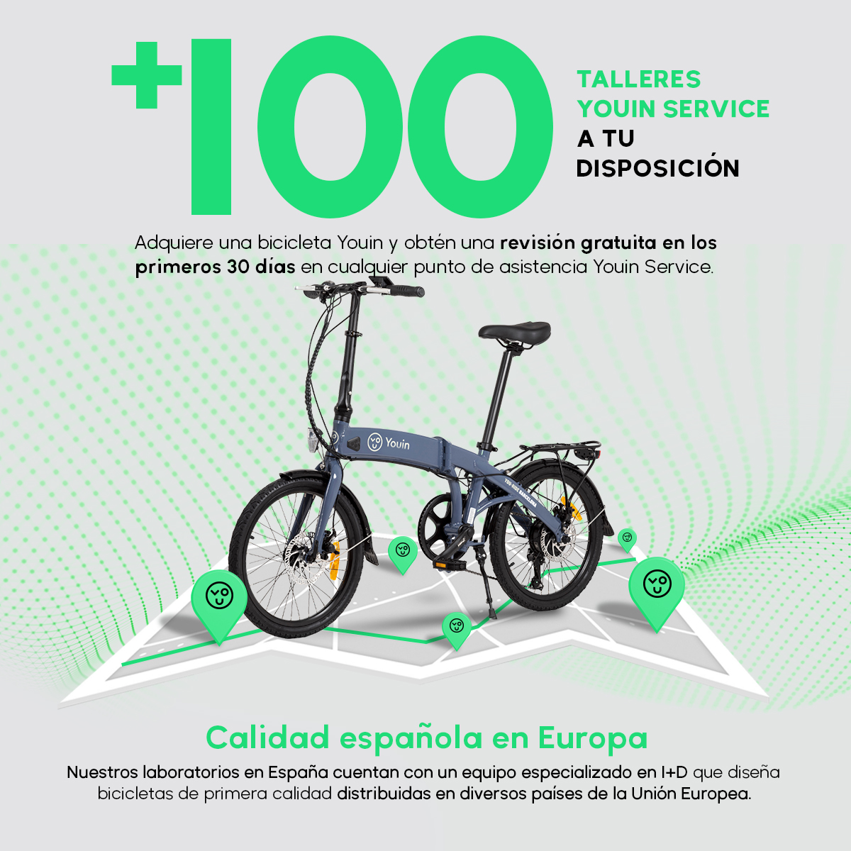 Składany rower na ulicy, z zielonymi pinezkami lokalizacji na mapie.