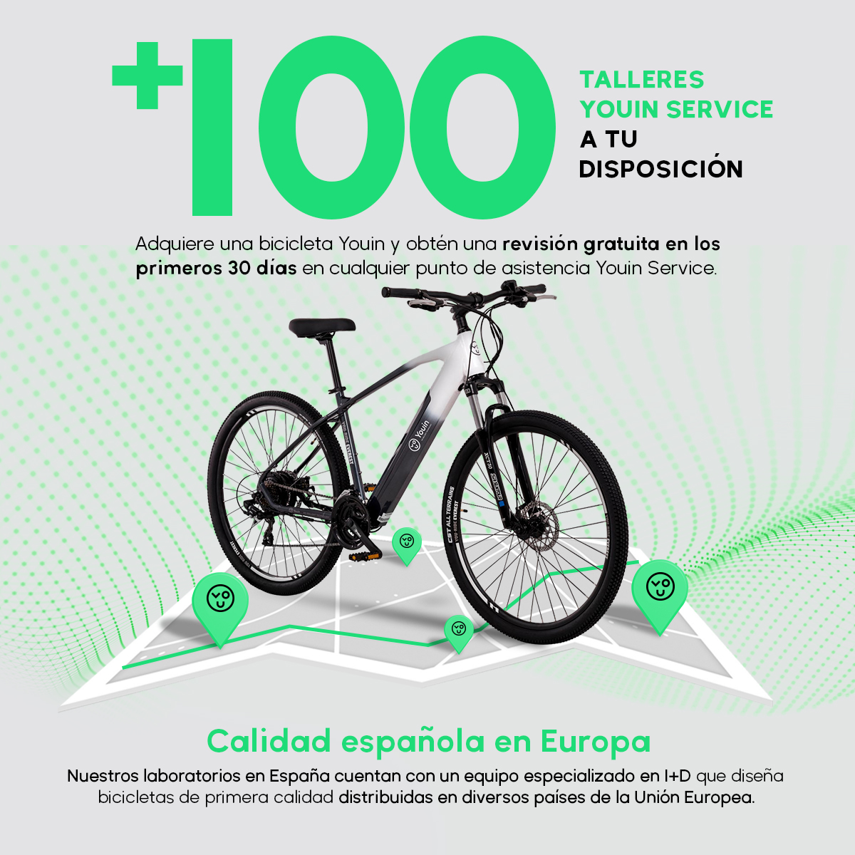 Reklama roweru Youin, z rowerem i tekstem w języku hiszpańskim. Zielone pinezki na mapie.