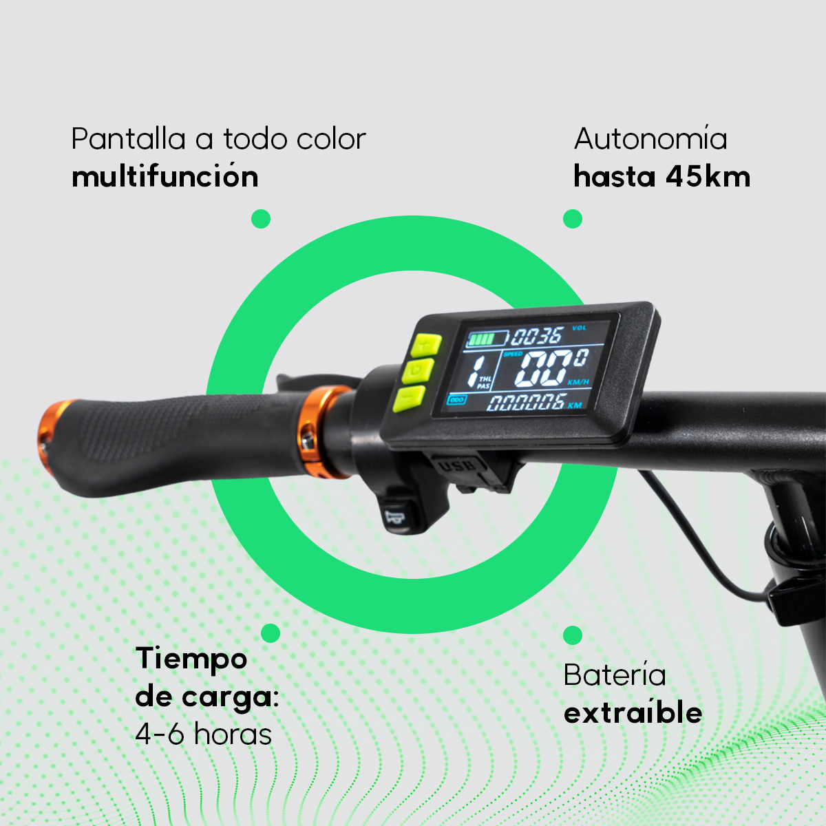 Deska rozdzielcza skutera elektrycznego pokazująca prędkość, baterię i inne dane dotyczące wydajności.