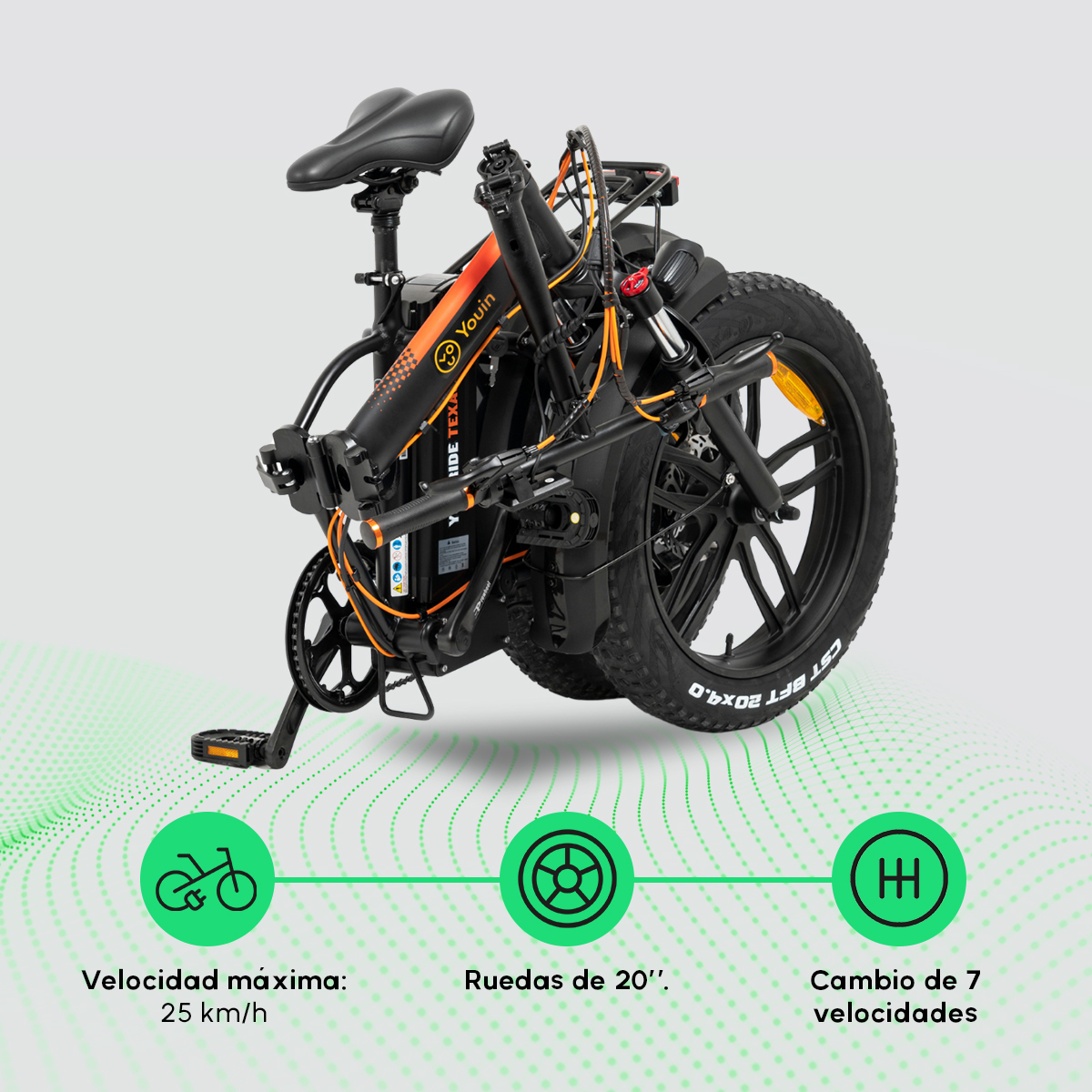 Złożony czarno-pomarańczowy rower elektryczny z ikonami prędkości, rozmiaru kół i biegów.
