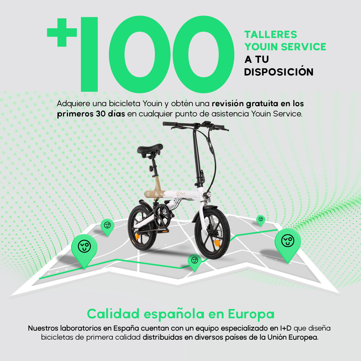 Zielony obraz promocyjny z rowerem i pinezkami mapy. Tekst w języku hiszpańskim, promujący rower i serwis.