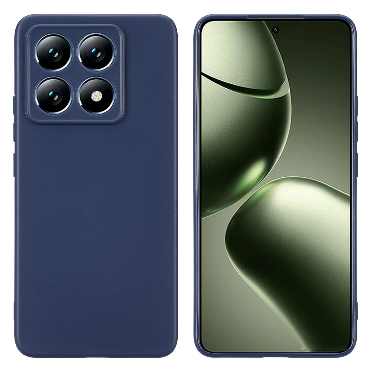 Blauwe telefoonhoes met vier camera-uitsparingen aan de achterkant, toont een telefoonscherm.