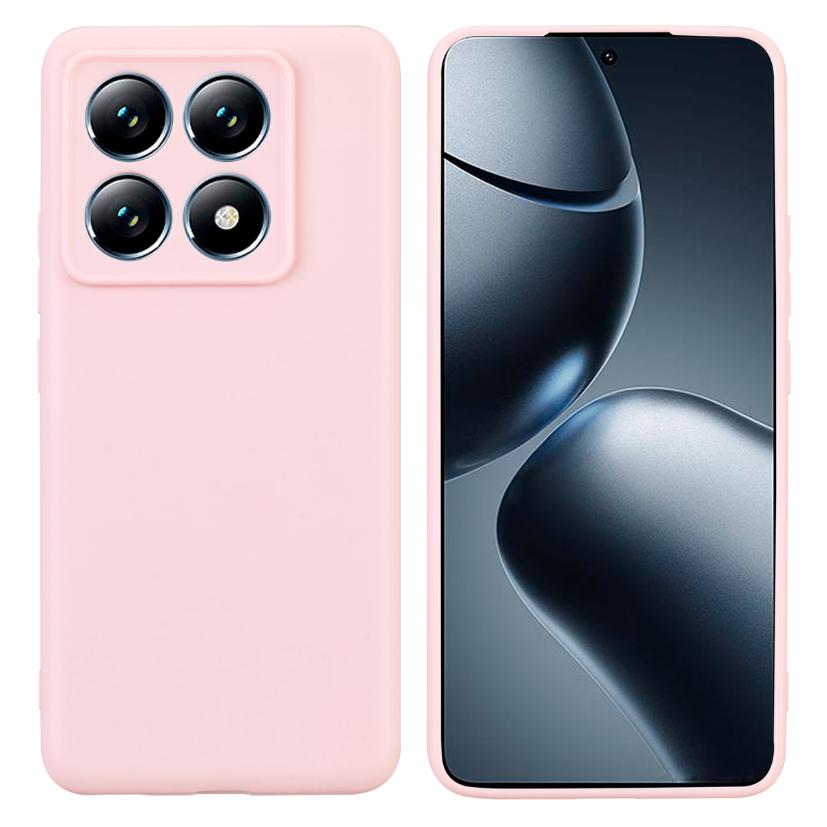 Coque de téléphone rose et téléphone. L'étui a une découpe de caméra carrée avec quatre lentilles. Le téléphone a un écran.