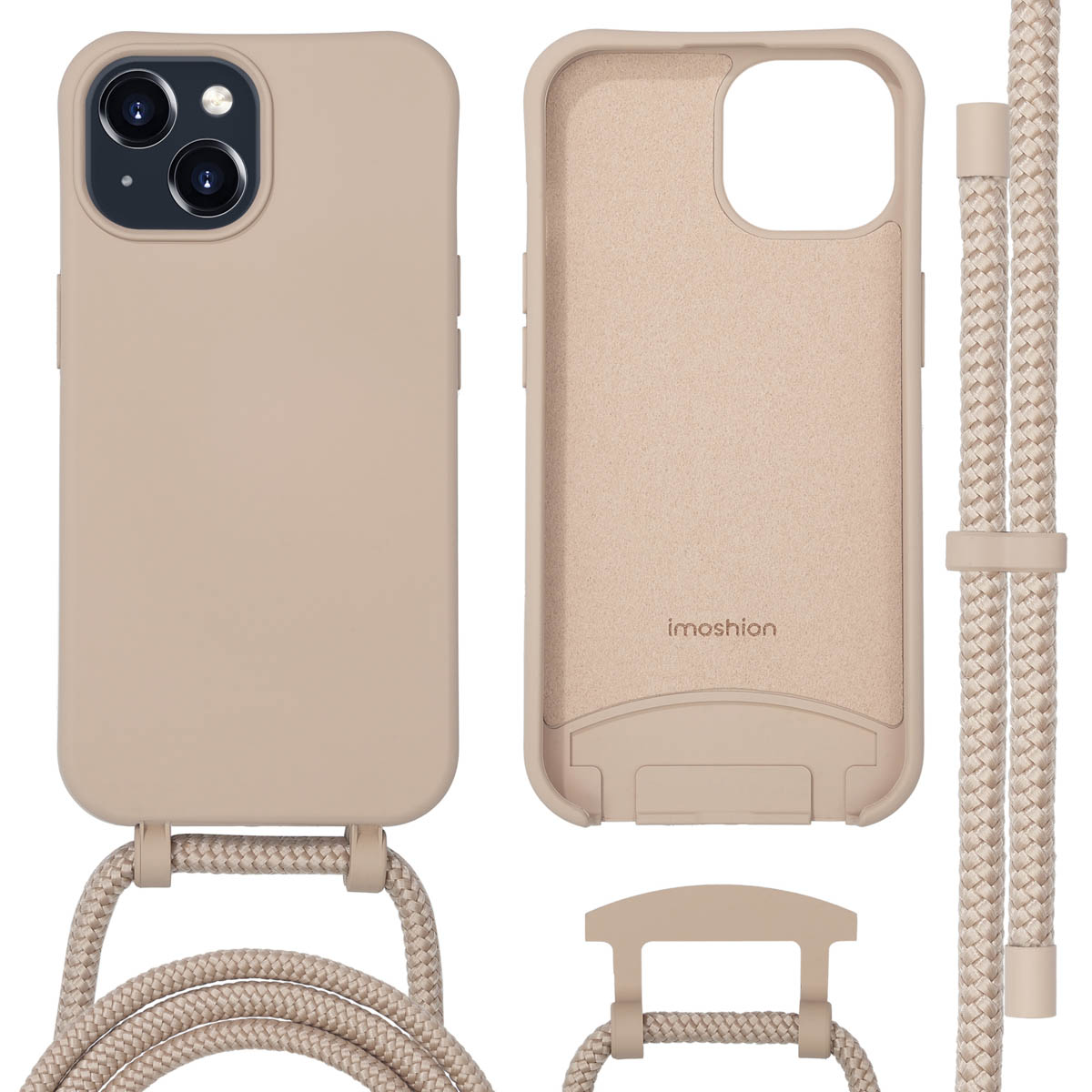 Beige Handyhülle mit passendem Kordel. Die Hülle wird mit und ohne Handy gezeigt.