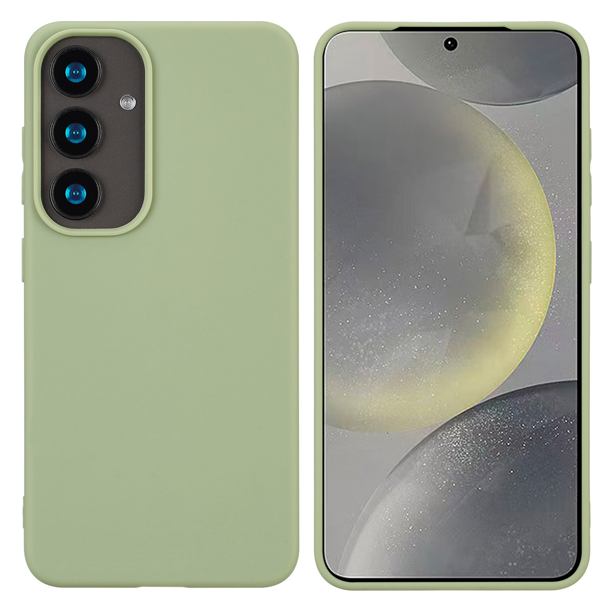 Deux téléphones côte à côte. L'un a une coque verte avec trois caméras, l'autre avec l'écran allumé.
