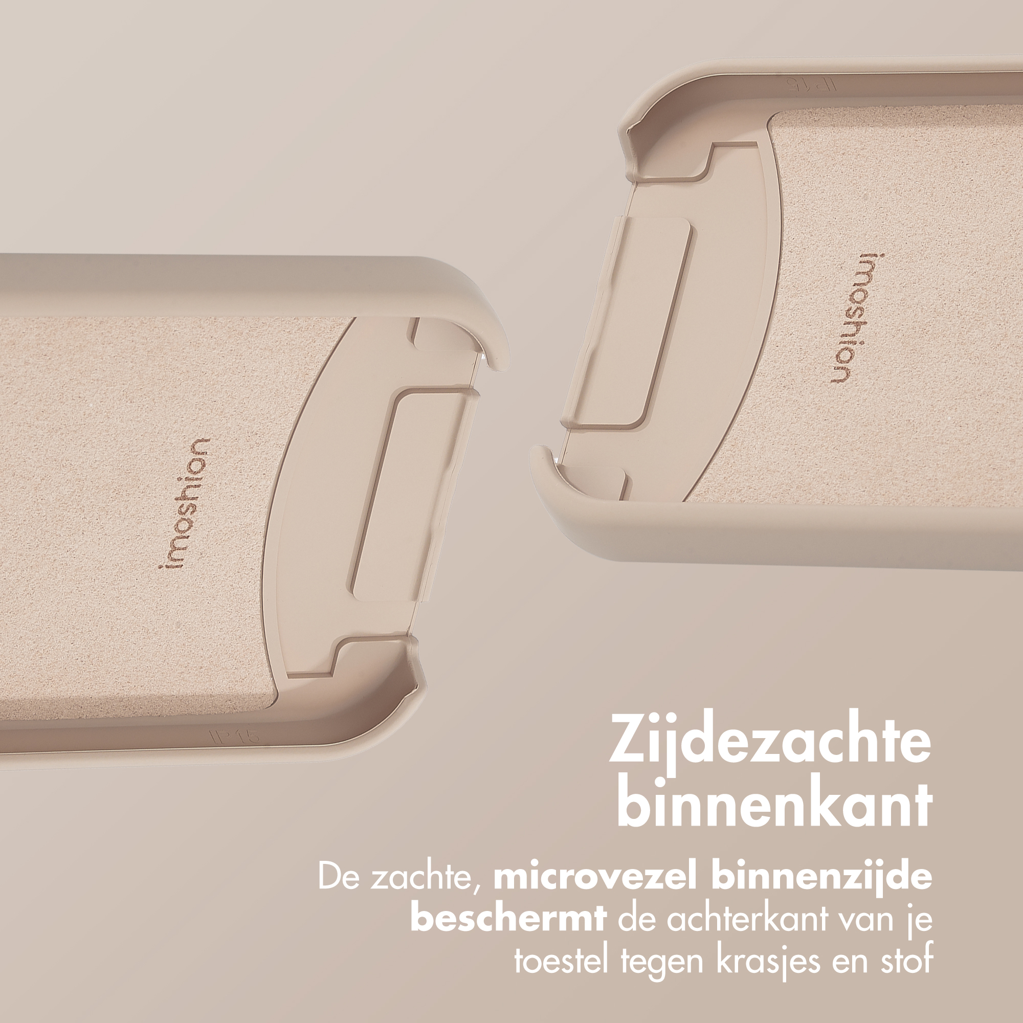 Zwei beige Handyhüllen mit dem Wort 'imoshion' und weichem Innenraum. Weißer Hintergrund.