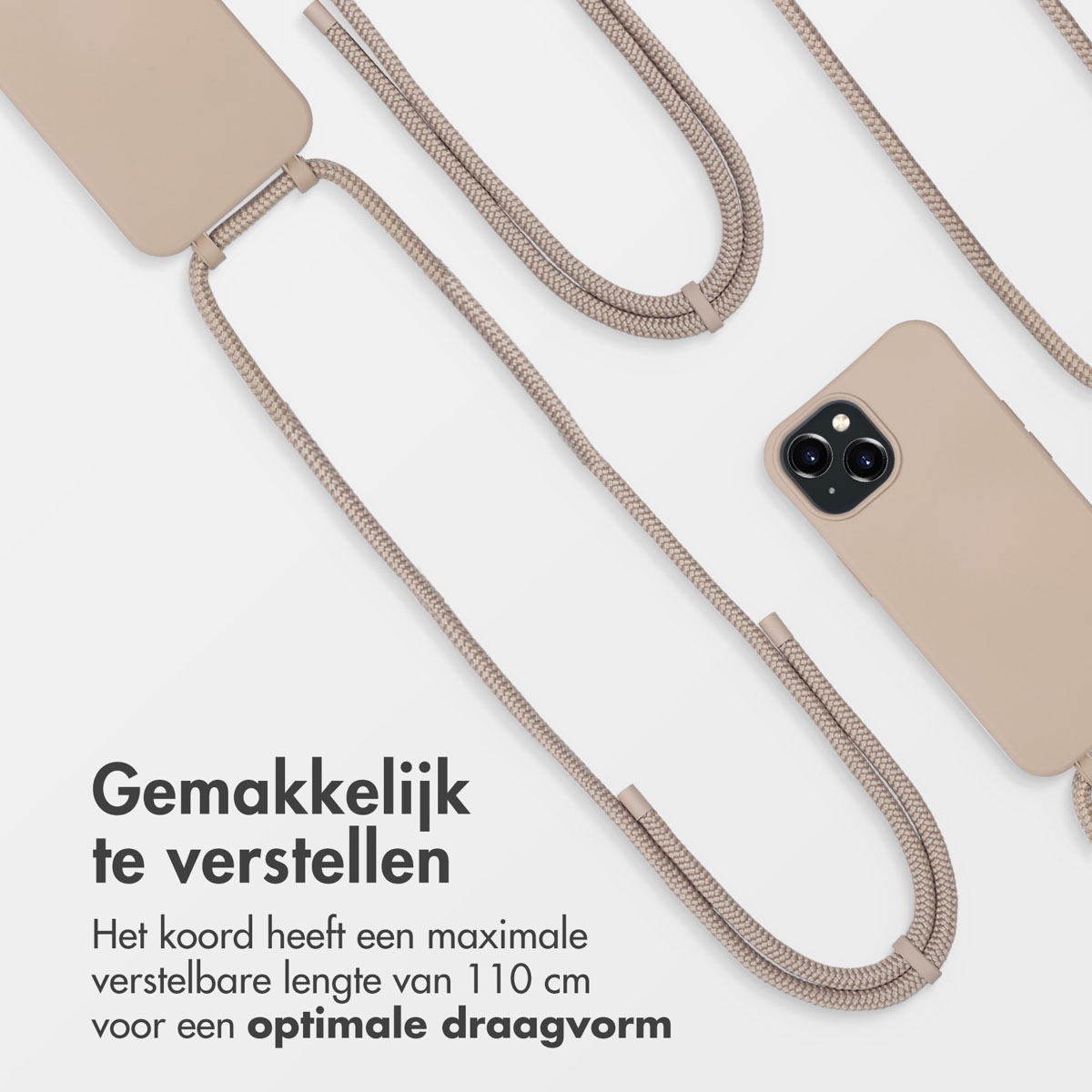 Eine Handyhülle mit beigem Band. Der Text lautet: "Einfach einzustellen". Das Band ist 110 cm lang.