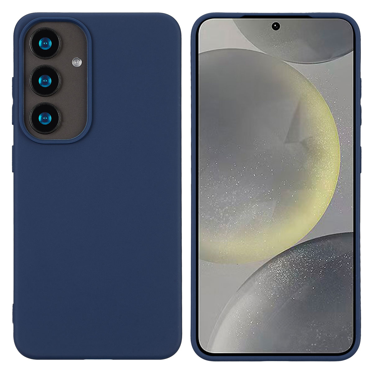 Blauwe telefoonhoes met drie camera-uitsparingen, toont telefoonscherm met abstract ontwerp.