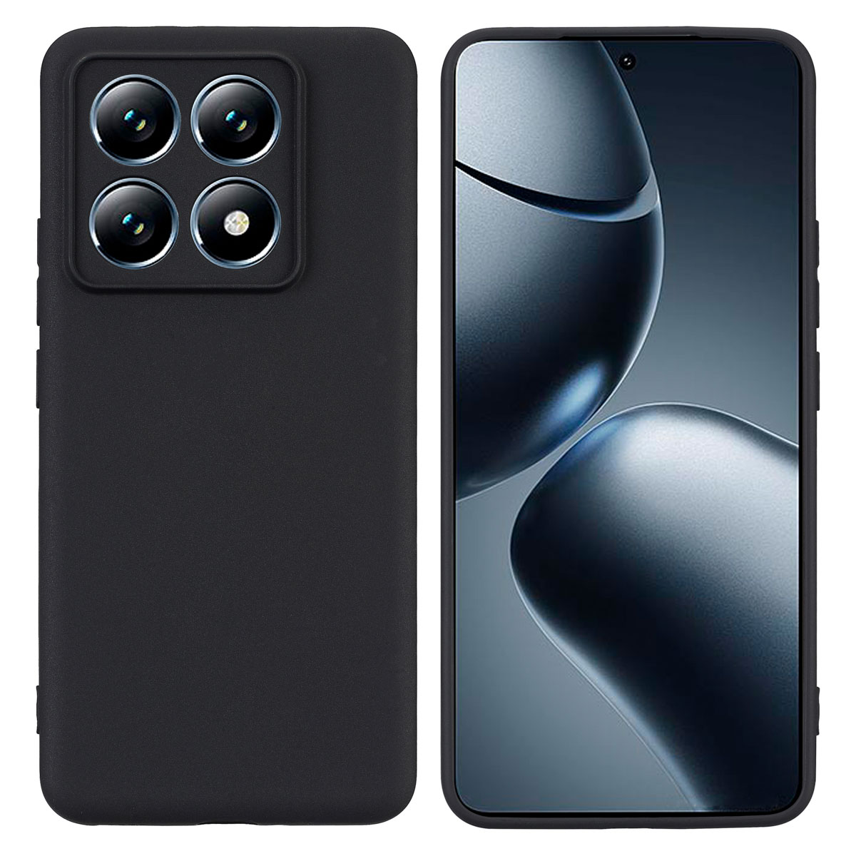 Deux téléphones côte à côte. L'un a une coque noire avec quatre caméras, et l'autre avec l'écran allumé.