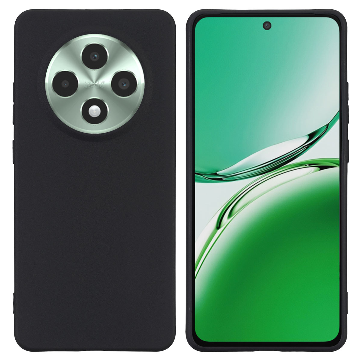 Zwarte telefoonhoes met telefoon rechts, toont groene achtergrond.