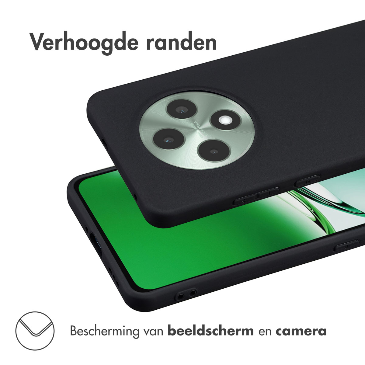Een zwarte telefoonhoes met een groen scherm en een witte achtergrond.