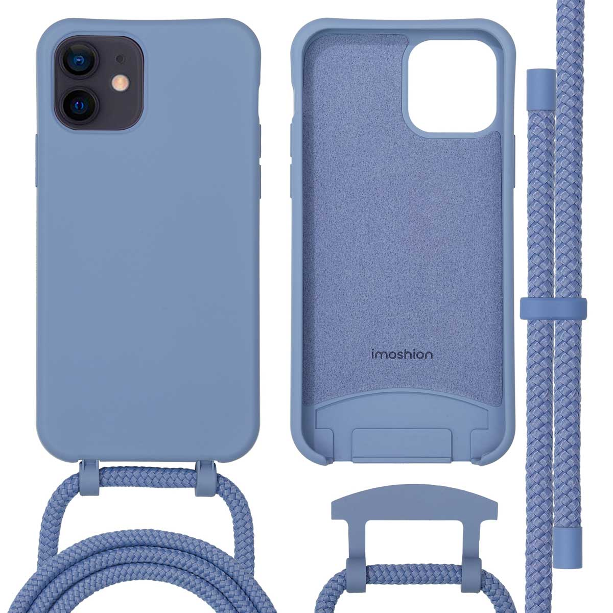 Blauwe telefoonhoes met een koord en een telefoon.