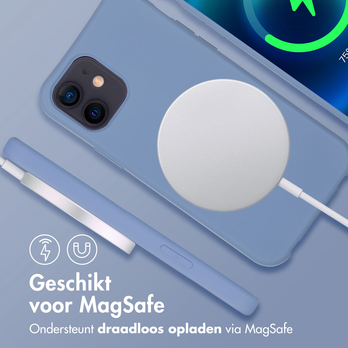 Een blauwe telefoonhoes met een witte MagSafe-oplader eraan vast. De telefoonhoes ligt naast een blauwe telefoon.