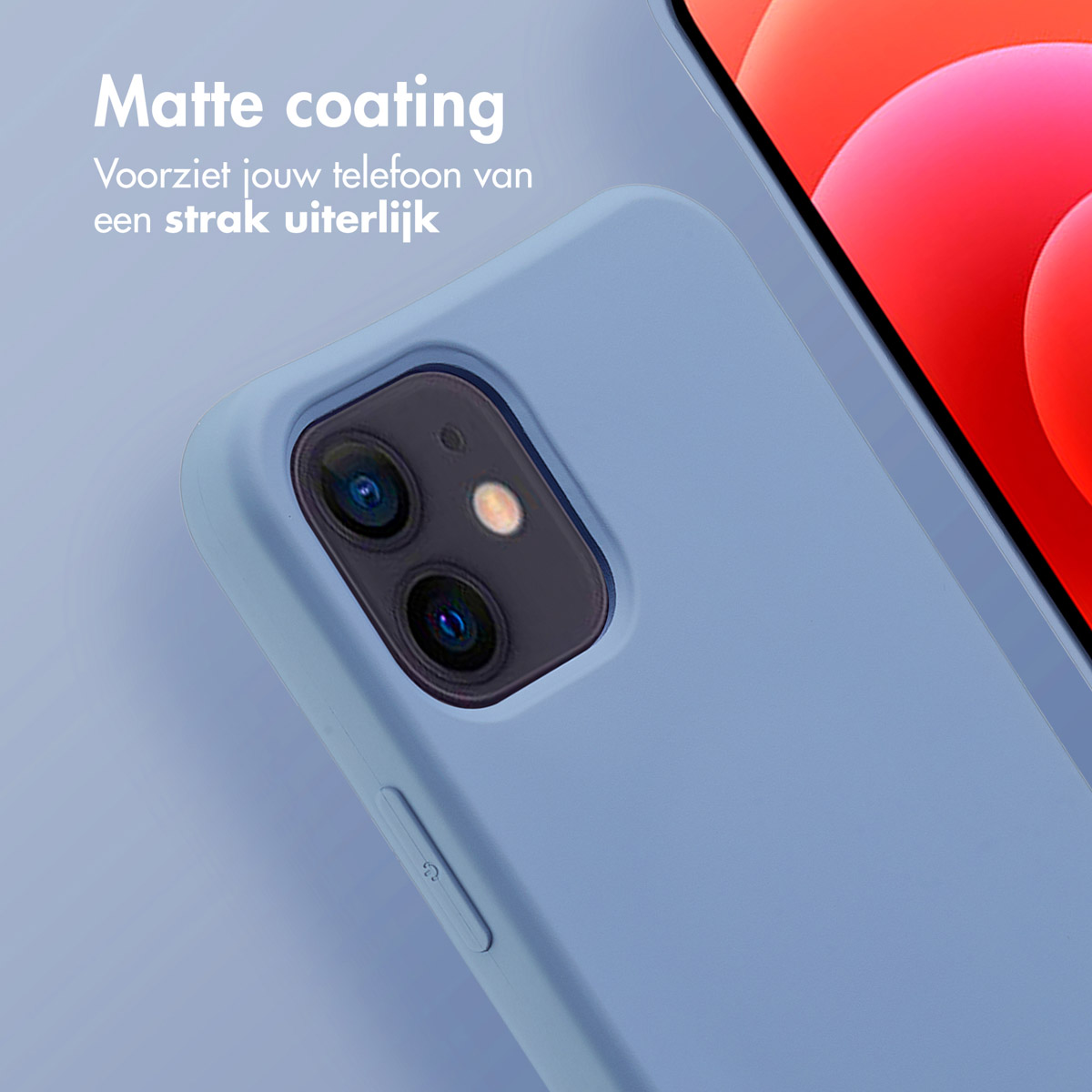 Blauwe telefoonhoes met een lichtblauwe telefoon. De achtergrond is lichtblauw.