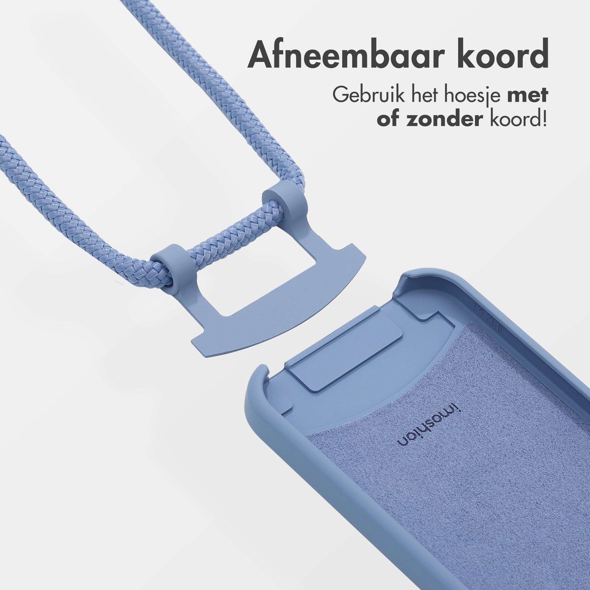 Een blauwe telefoonhoes met een afneembaar blauw koord. De hoes is open en toont de binnenkant.