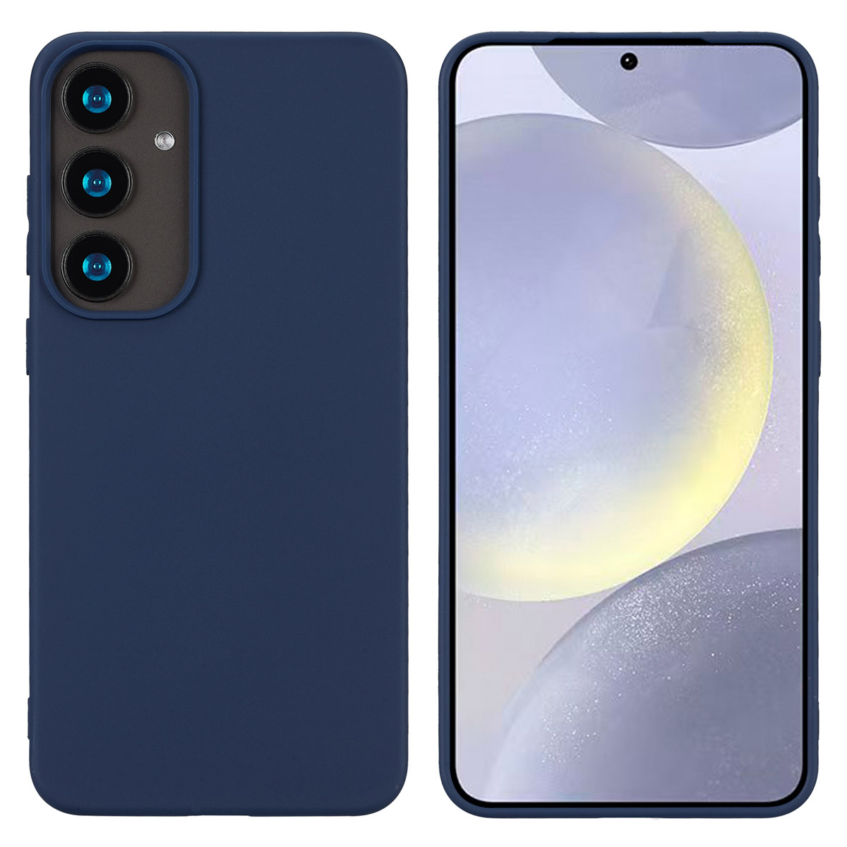 Deux téléphones, un bleu et un noir, chacun dans une coque, écrans visibles.