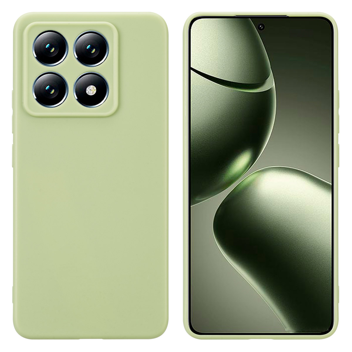 Une coque de téléphone vert clair, montrant l'arrière d'un téléphone avec des découpes pour l'appareil photo.
