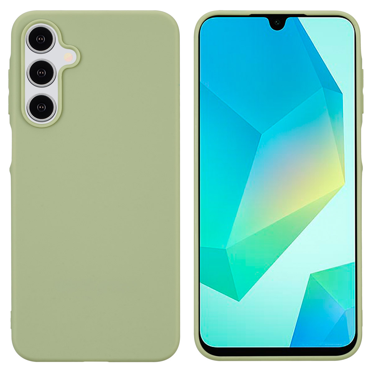 Ein hellgrünes Telefon und eine Hülle mit drei Kameralinsen.