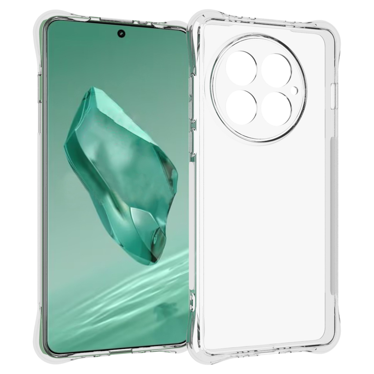 Custodia trasparente per telefono. Dentro, un telefono con schermo con immagine astratta verde e bianca.