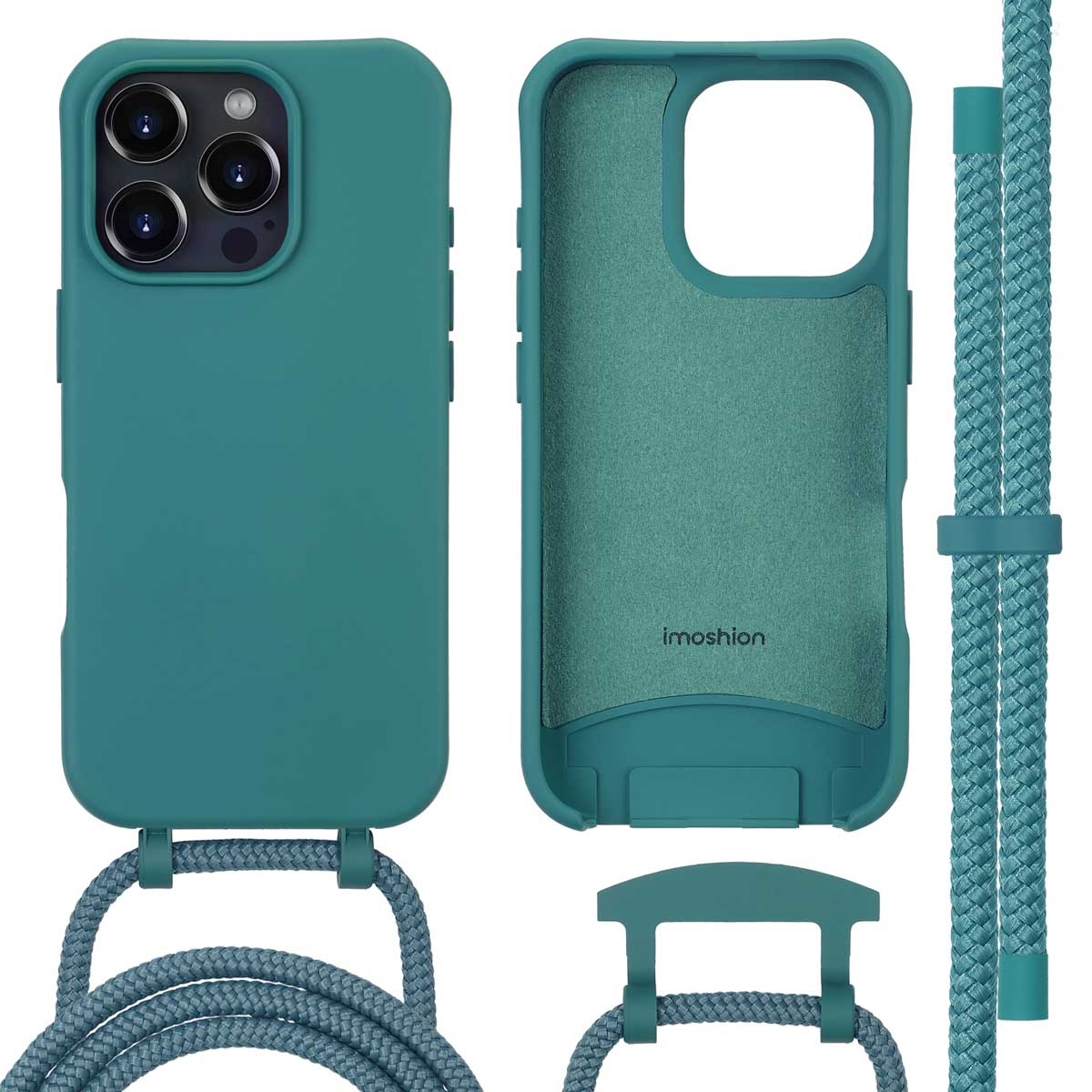 Blauwe telefoonhoes met bijpassend koord. De hoes heeft een uitsparing voor de telefooncamera.