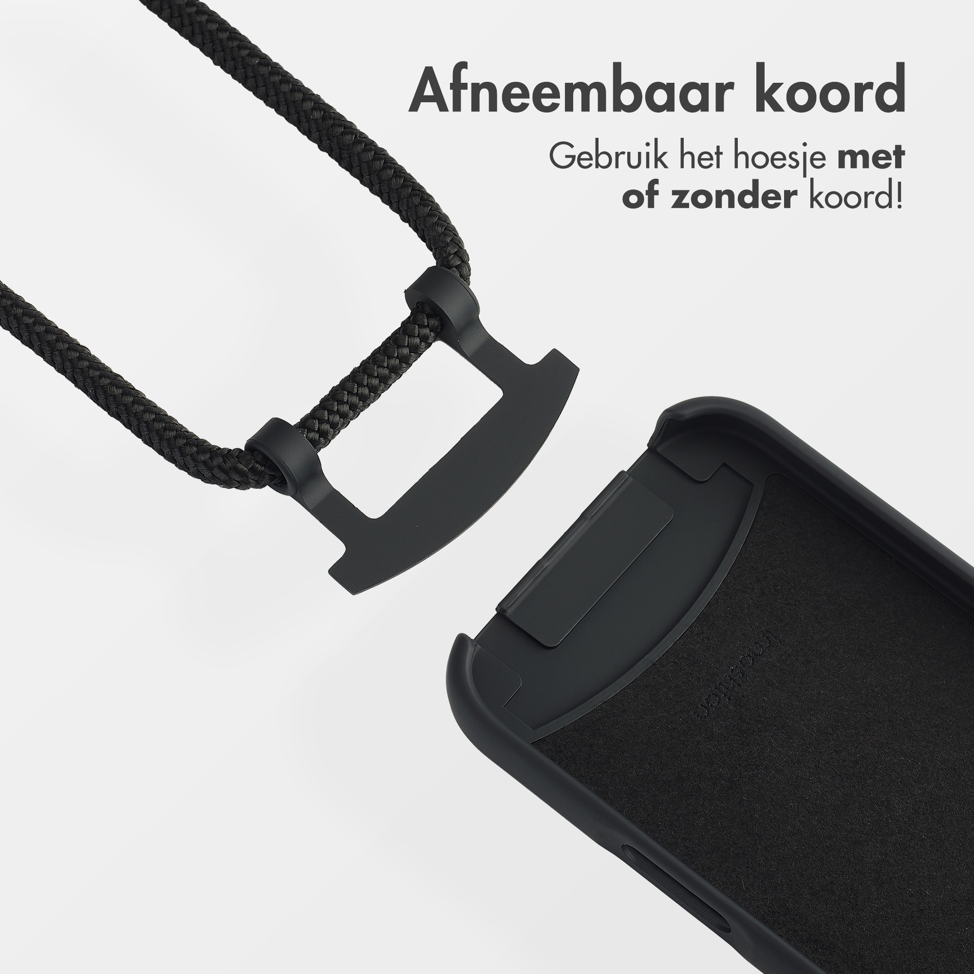Coque de téléphone noire et cordon noir détachable. Texte : Cordon détachable. Utiliser avec ou sans cordon.