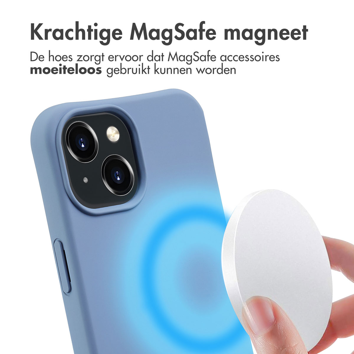 Blaue Handyhülle mit weißem Ladekreis, mit dem Wort MagSafe-Magnet.