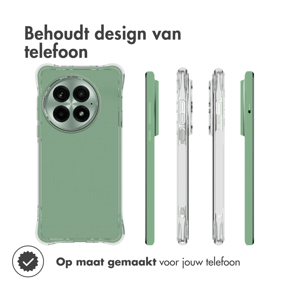 Custodia per telefono in varie viste, colore verde. Sono visibili quattro fotocamere.
