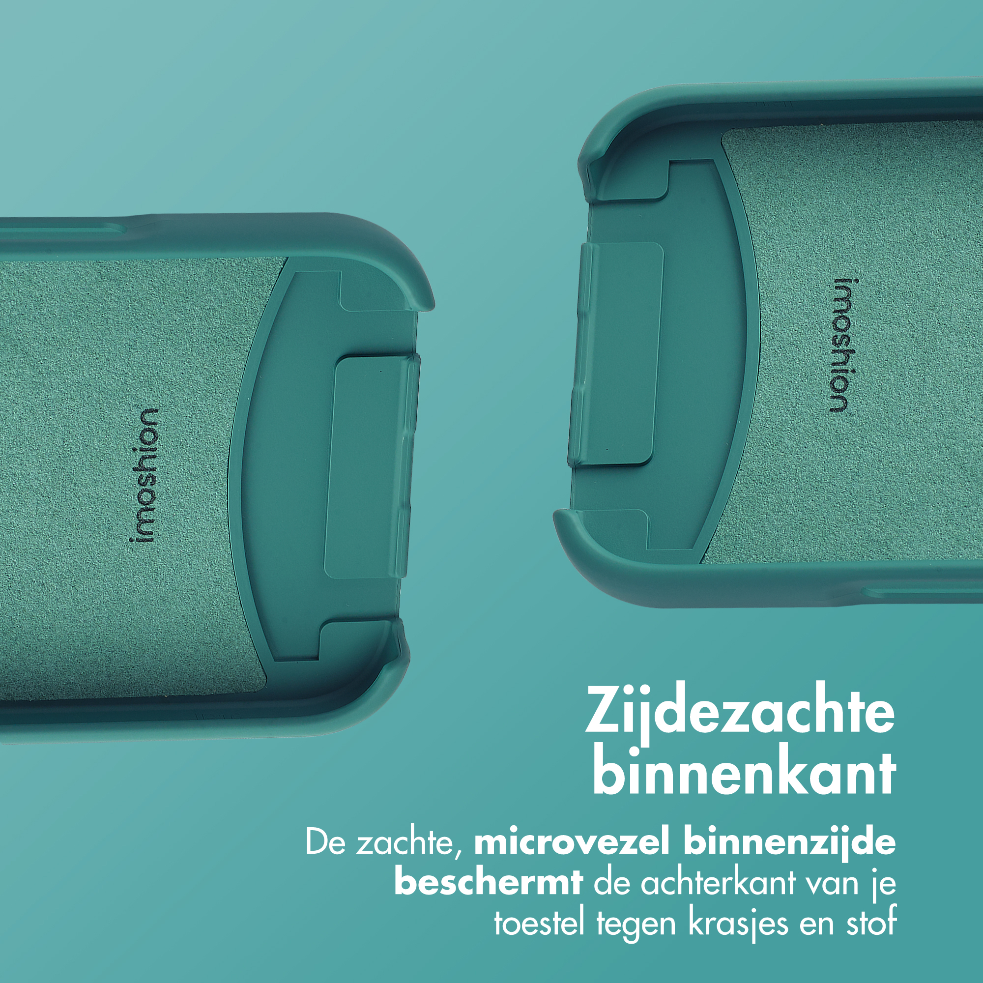 Deux moitiés d'étui de téléphone sarcelle avec texte 'imoshion'. L'intérieur en microfibre protège des rayures.