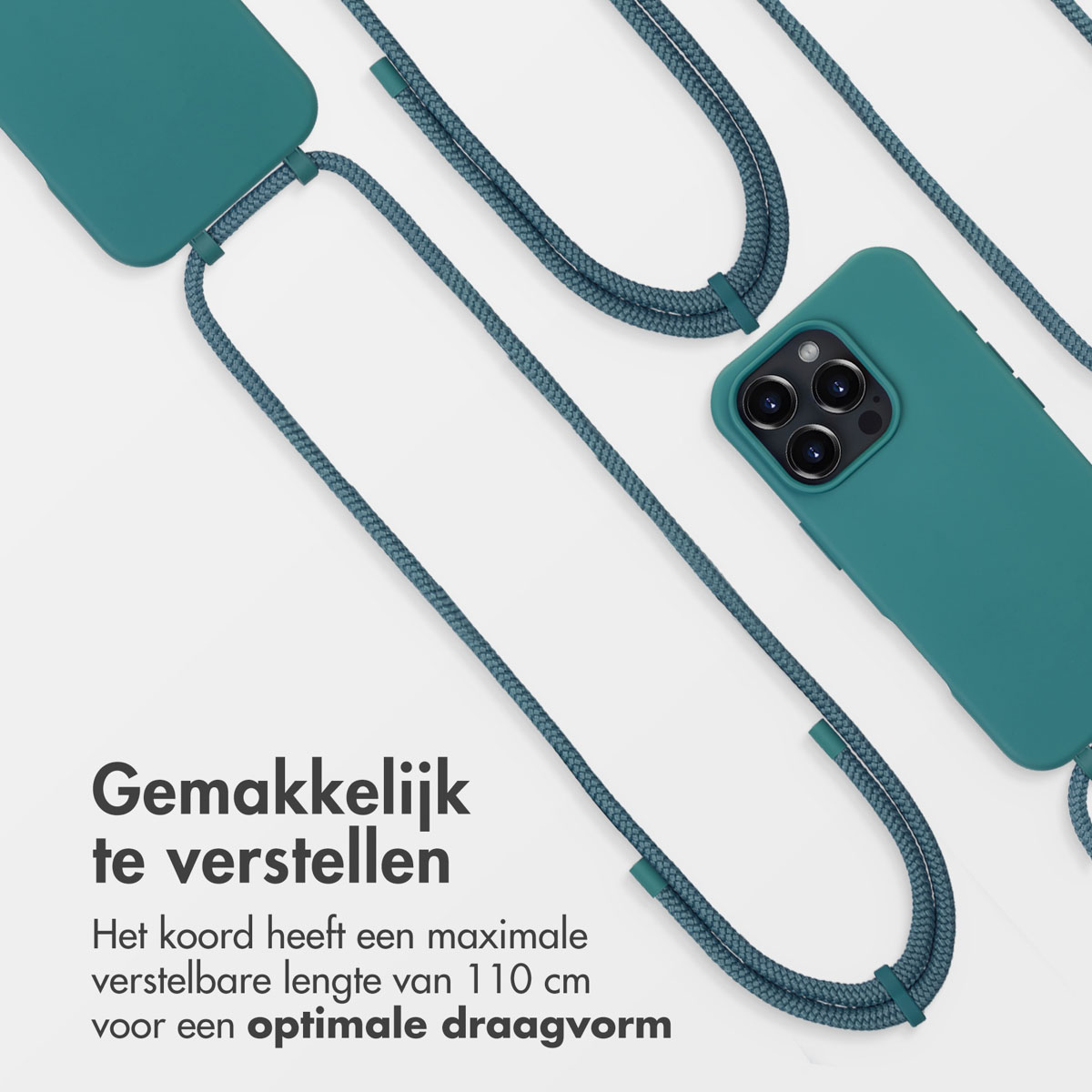 Coque de téléphone turquoise avec cordon réglable. Texte : 'Facile à régler. Le cordon a une longueur réglable maximale de 110 cm'.