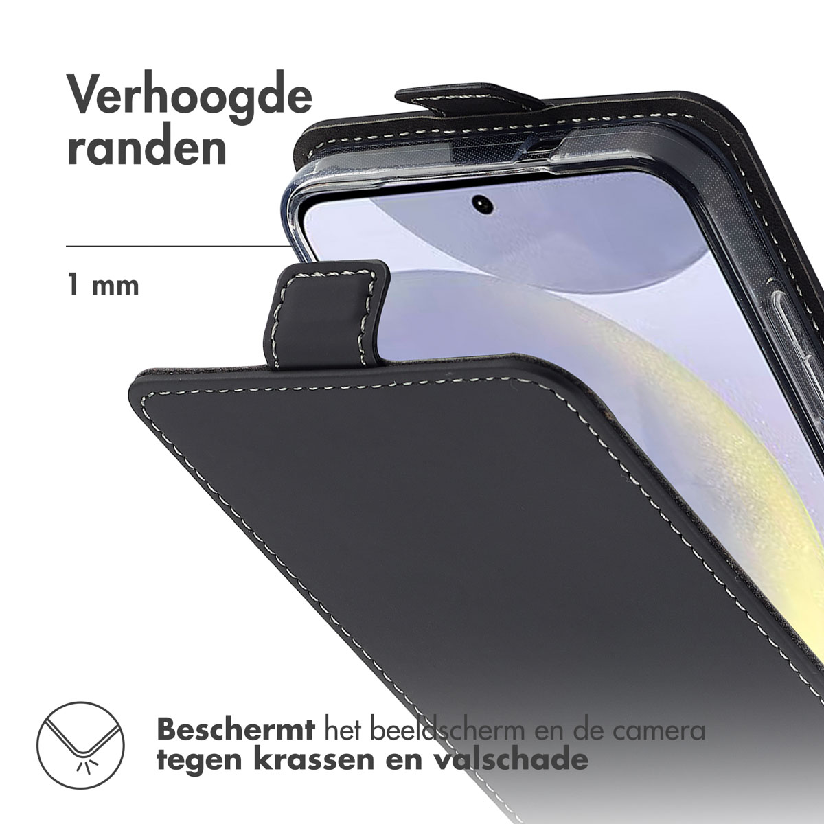 Coque de téléphone noire avec une housse de protection. L'écran du téléphone est visible. La housse a des coutures blanches.