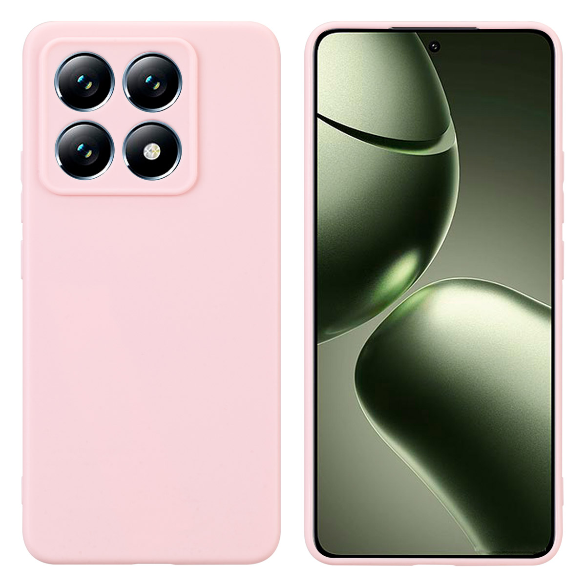 Coque de téléphone rose avec quatre découpes de caméra à l'arrière, montrant l'écran.