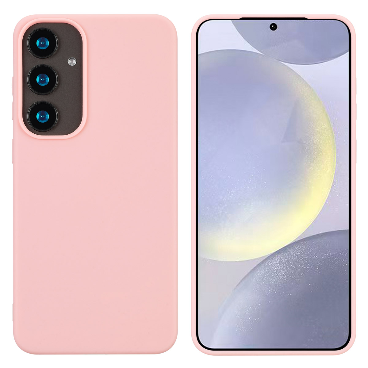 Coque de téléphone rose, avant et arrière, montrant le téléphone et la découpe.