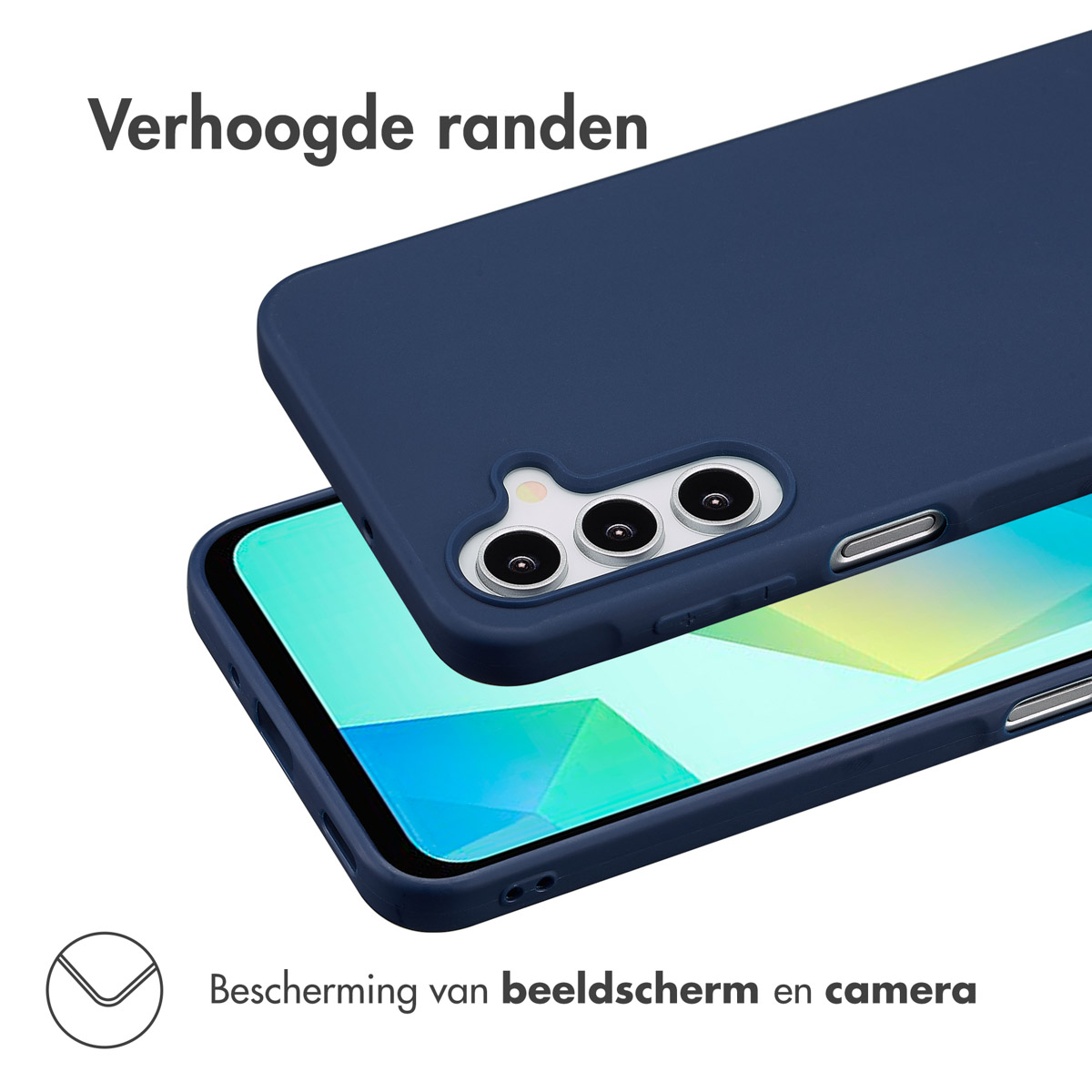 Eine blaue Handyhülle schützt das Telefon. Die Hülle ist geöffnet, um den Bildschirm und die Kameras zu zeigen.