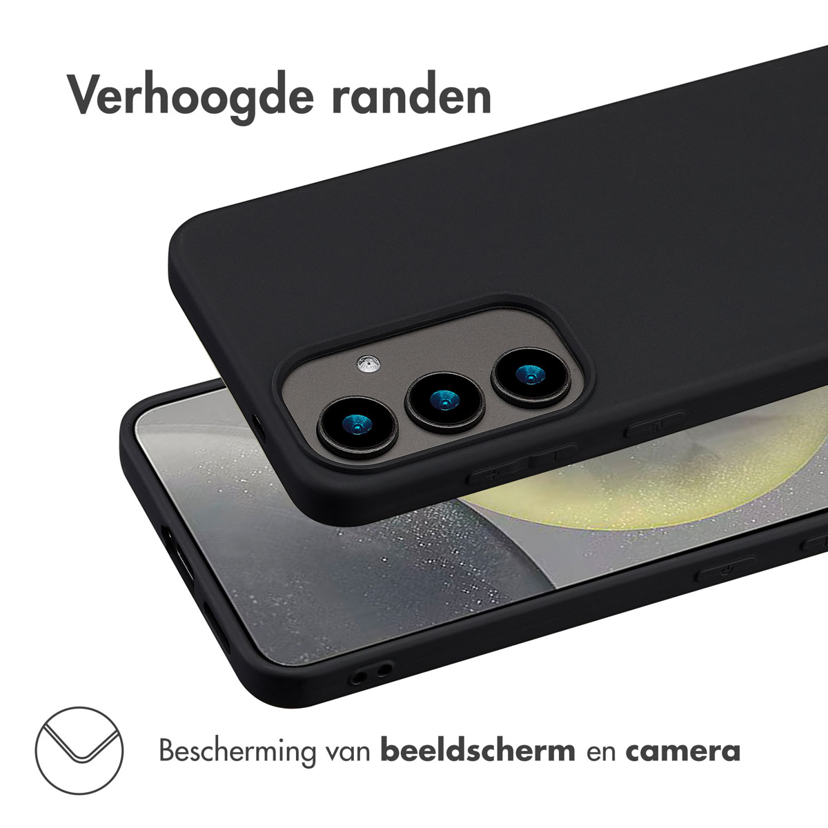 Zwarte telefoonhoes met verhoogde rand, beschermt scherm en camera.