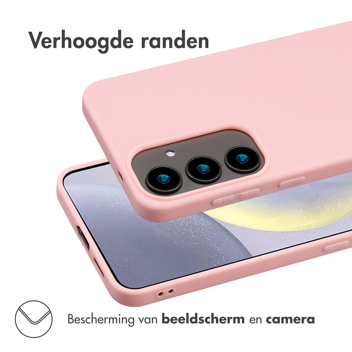 Une coque de téléphone rose avec des bords surélevés, protégeant l'écran et les caméras.