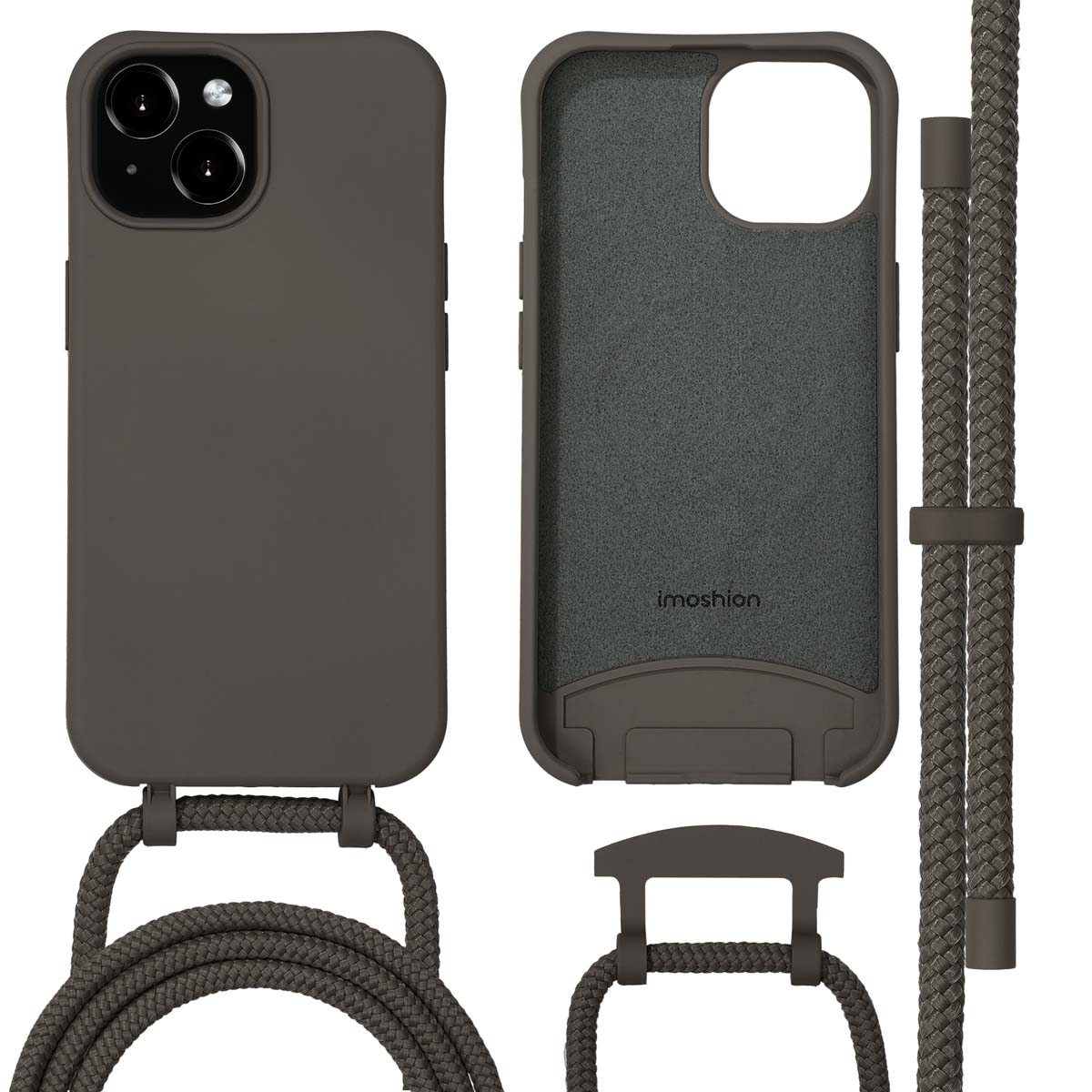 Smartphone in brauner Hülle mit passendem Umhängeband und separatem Gehäuseteil auf Weiß.