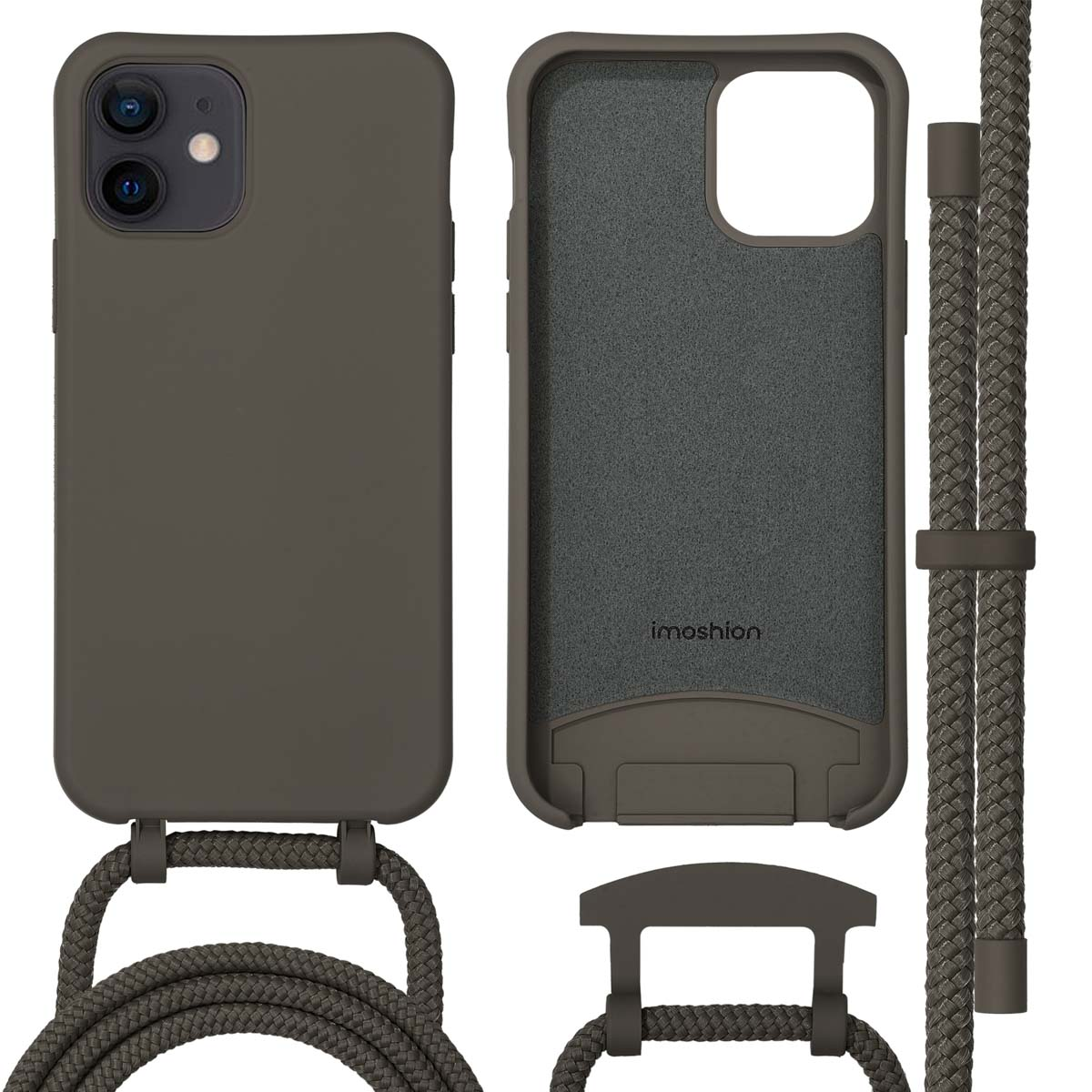 Olijfgroene telefoonhoes met een koord, telefoon links, hoesonderdelen, witte achtergrond.