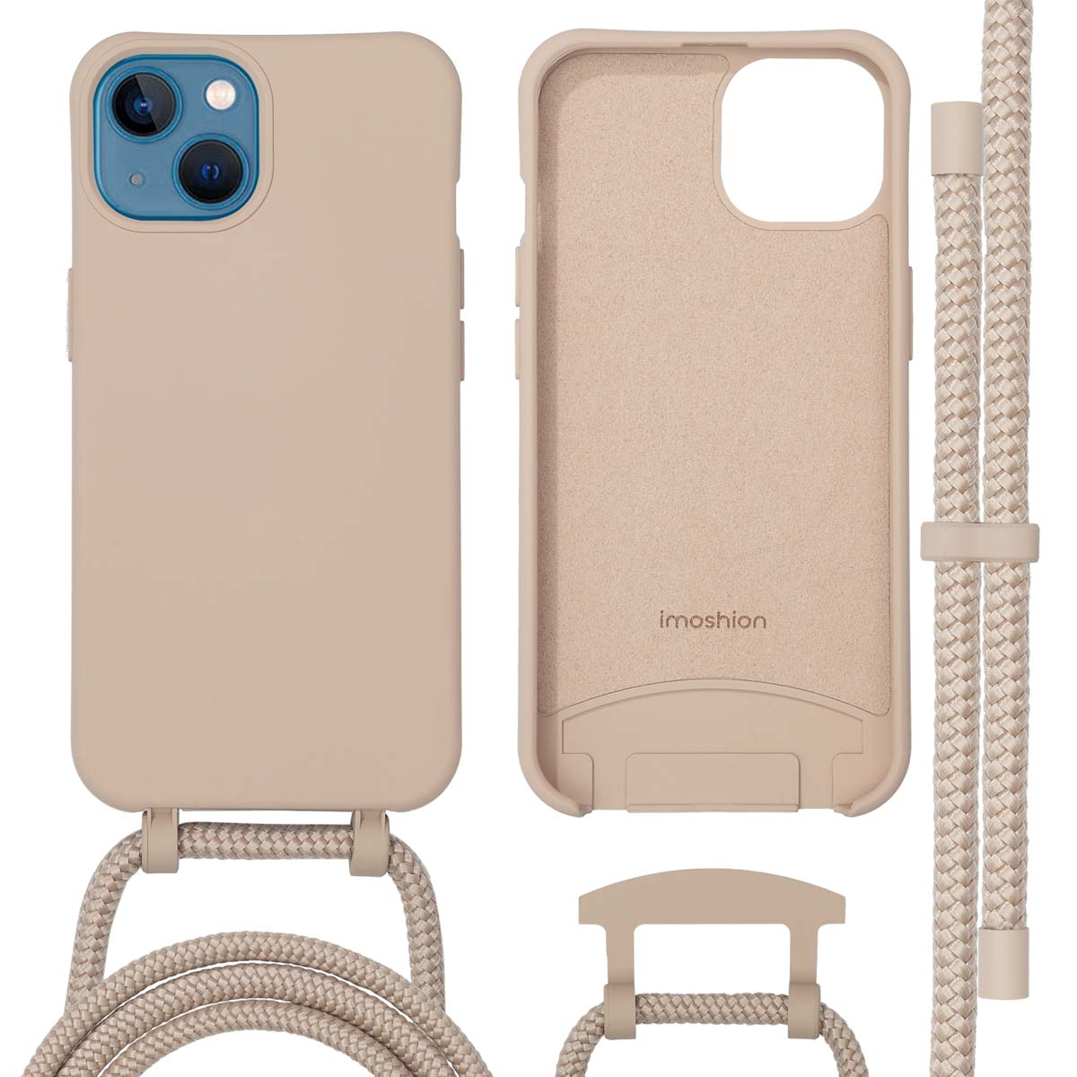 Telefoonhoesje met een koord. De hoes is beige, en het koord is beige en wit.