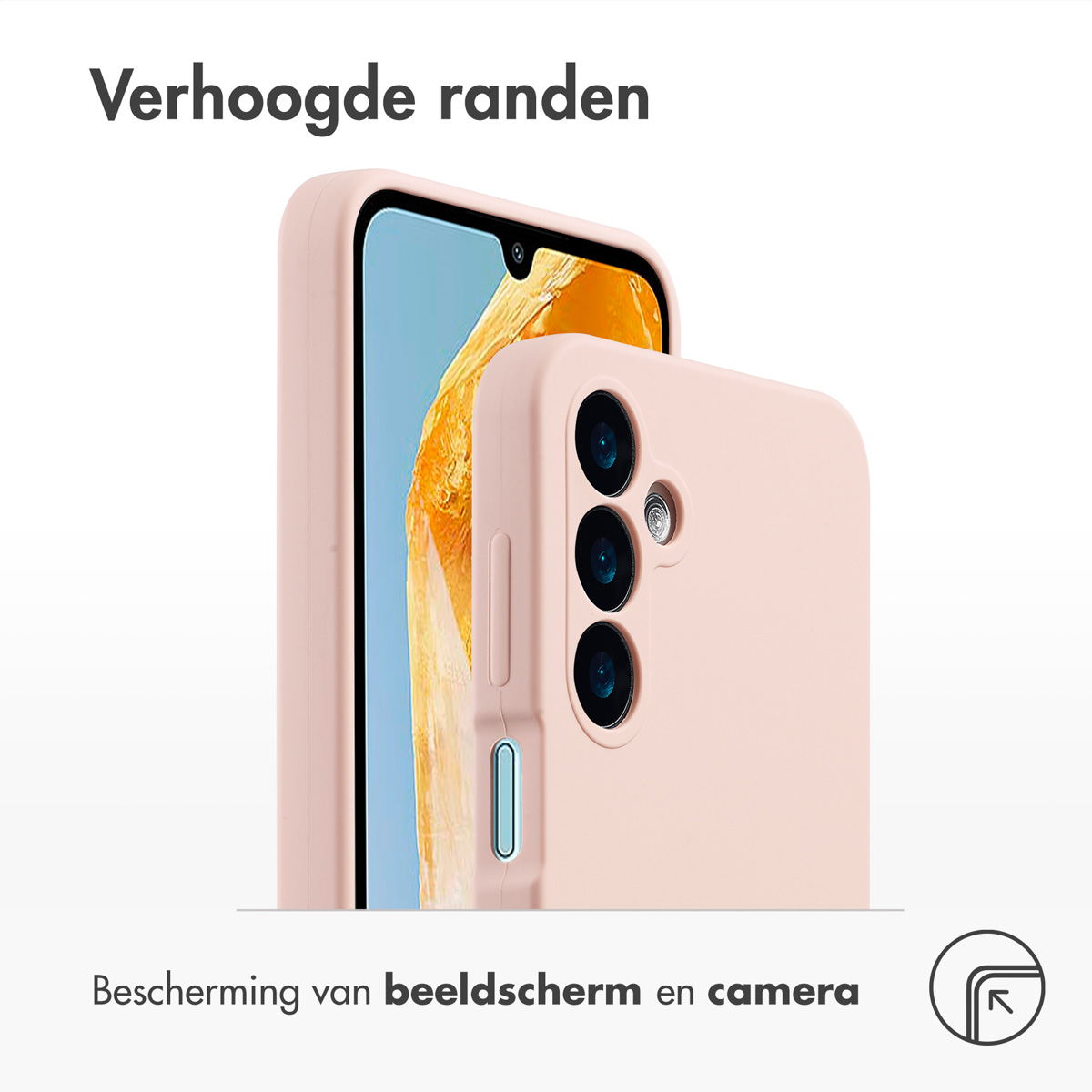 Rosa Handyhülle mit erhöhtem Rand, zeigt ein Telefon im Inneren.