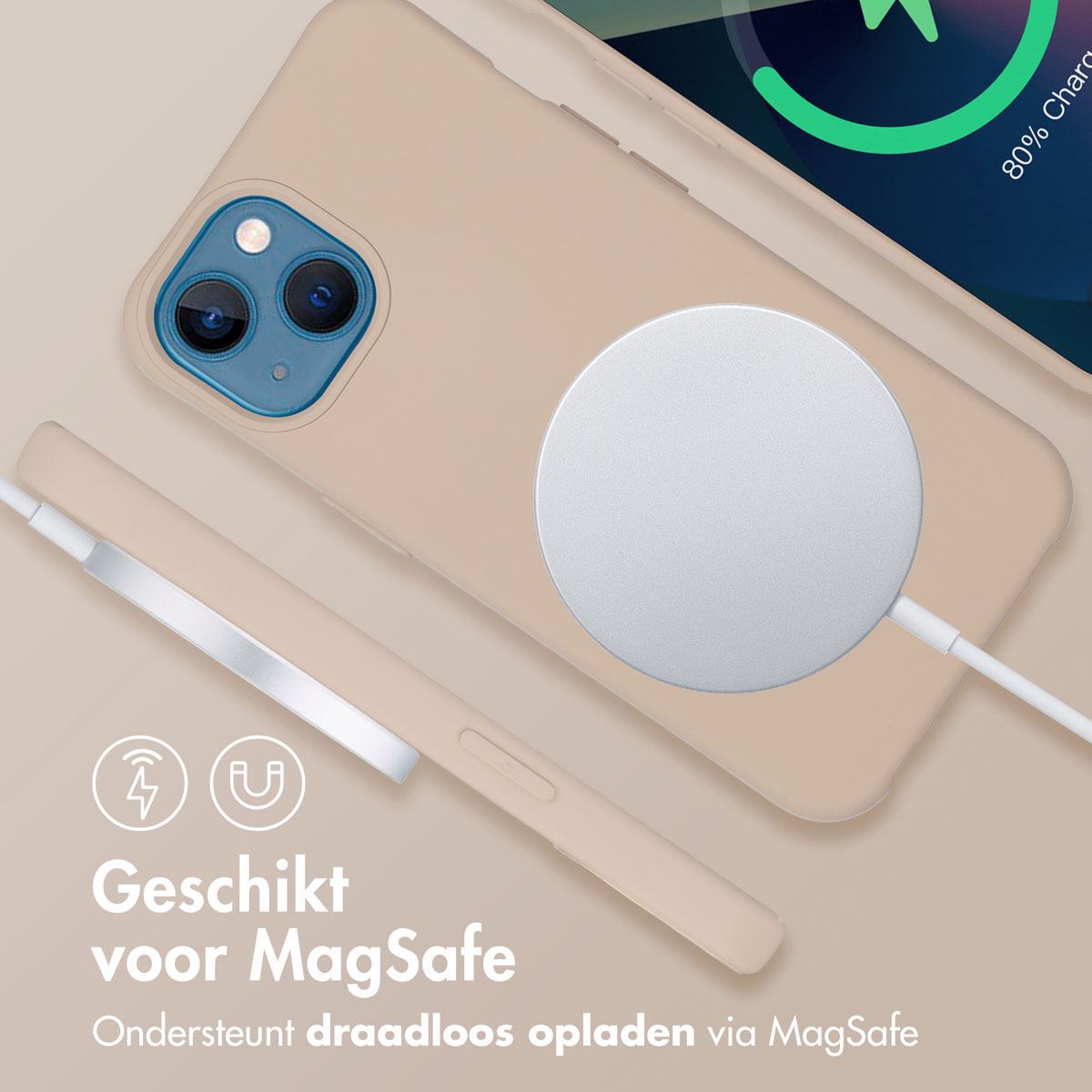 iPhone met MagSafe-oplader, MagSafe-hoesje en tekst over MagSafe-compatibiliteit.