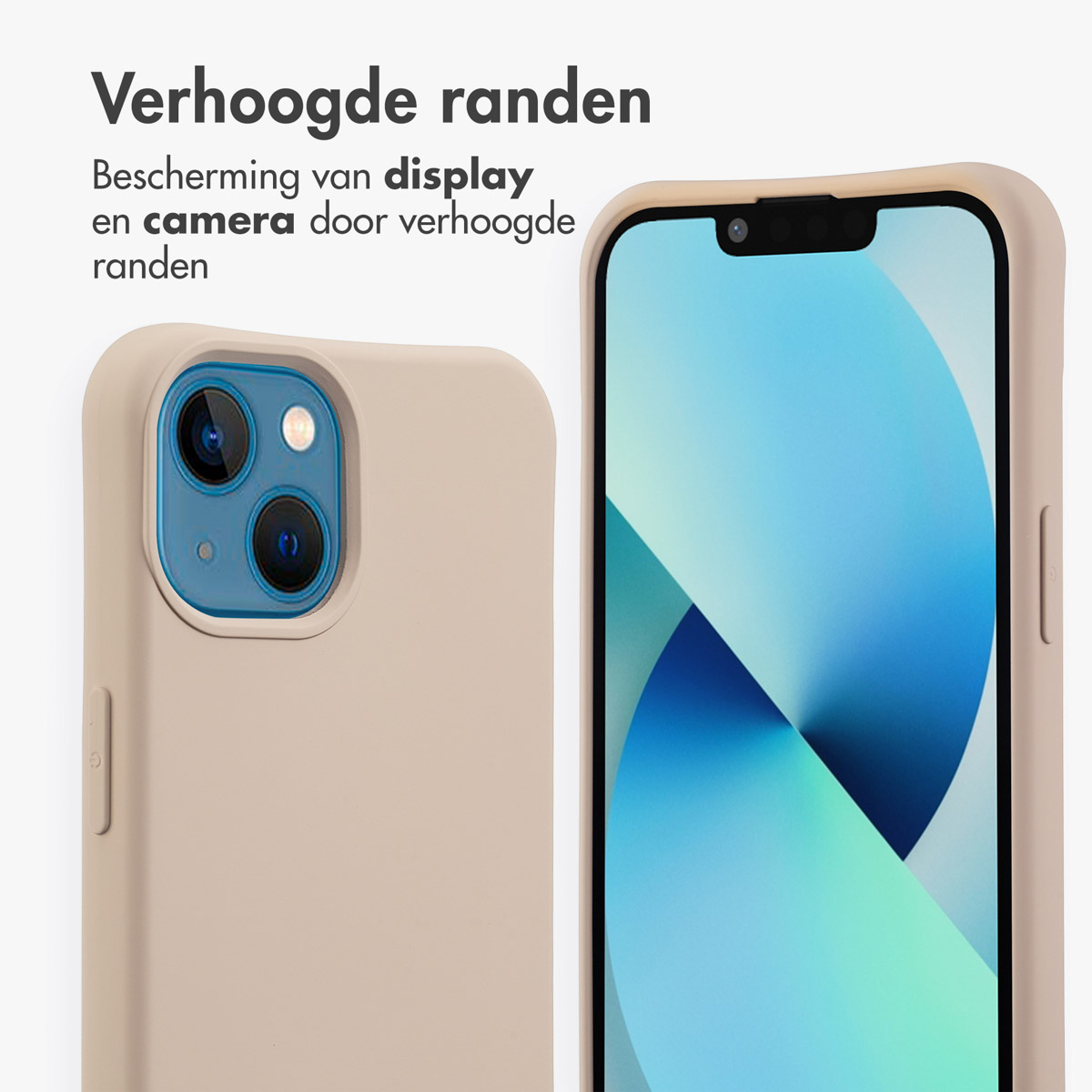 Telefoon met beige hoesje, twee camera's en scherm met blauw-wit ontwerp.
