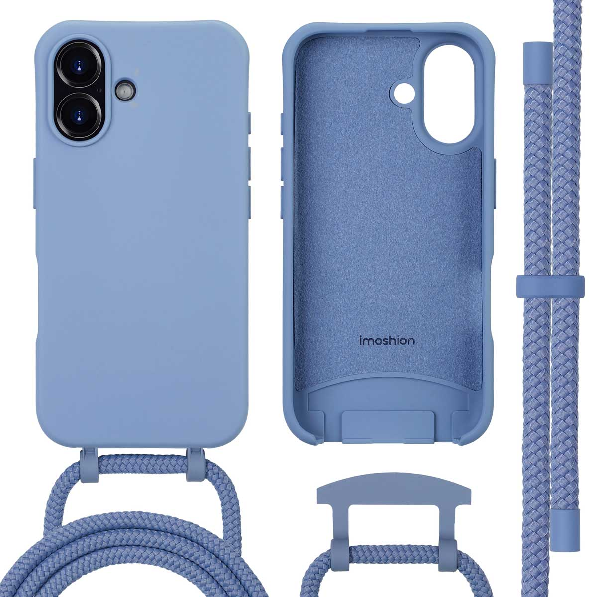 Tweedelige lichtblauwe telefoonhoes met een koord. Eén hoes heeft een telefoon erin.