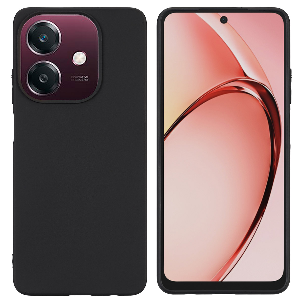 Twee telefoons naast elkaar. Eén heeft een zwarte hoes met camera, de andere met een roze scherm.