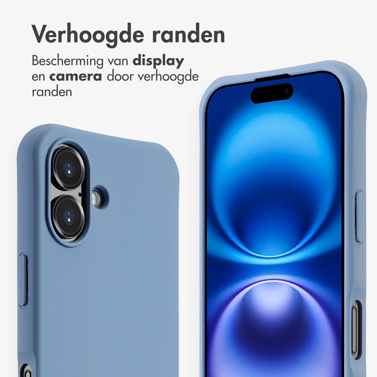 Close-up van twee telefoonhoesjes. De tekst zegt 'Verhoogde randen'.
