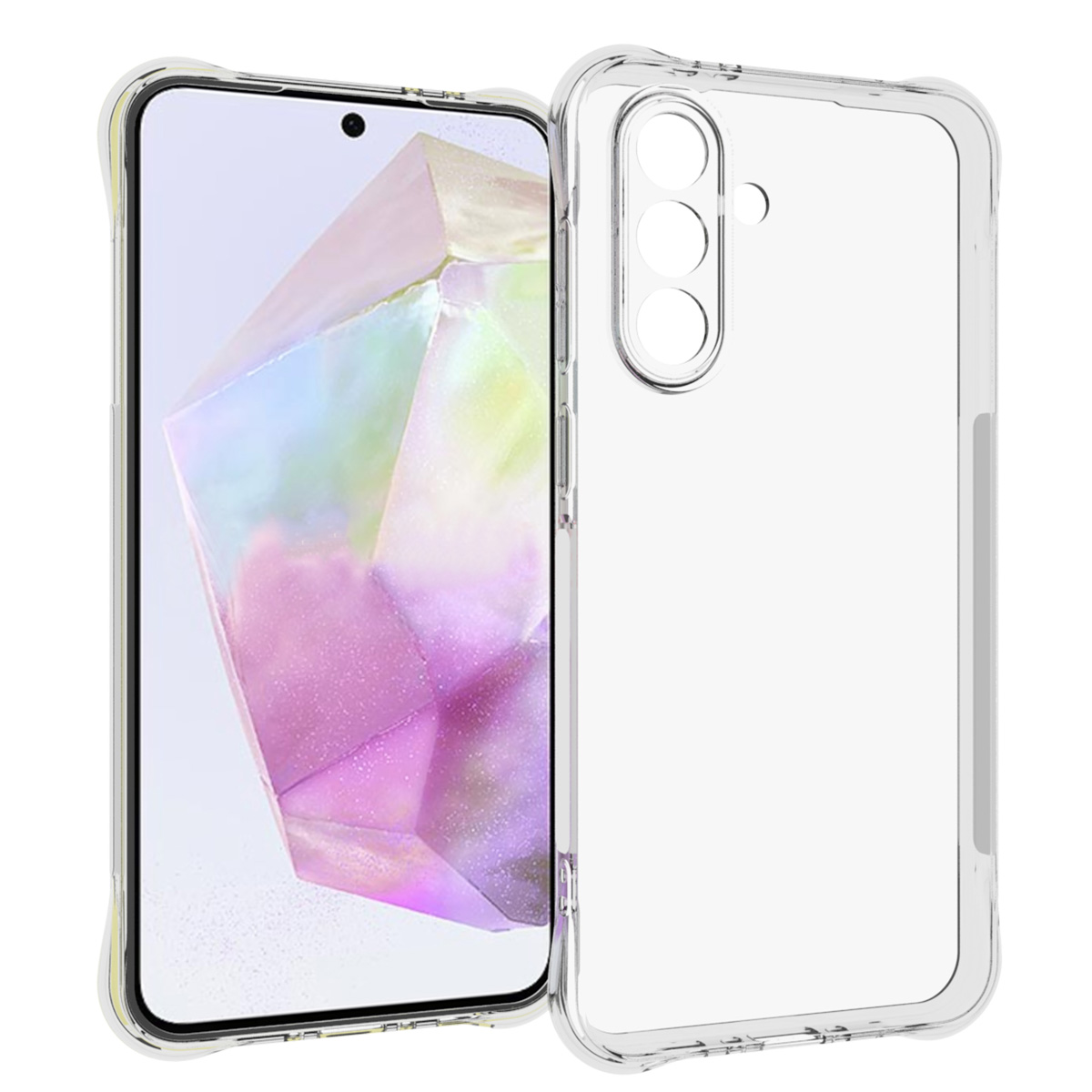 Eine transparente Handyhülle mit einem Telefon darin, mit drei Kameralinsen.