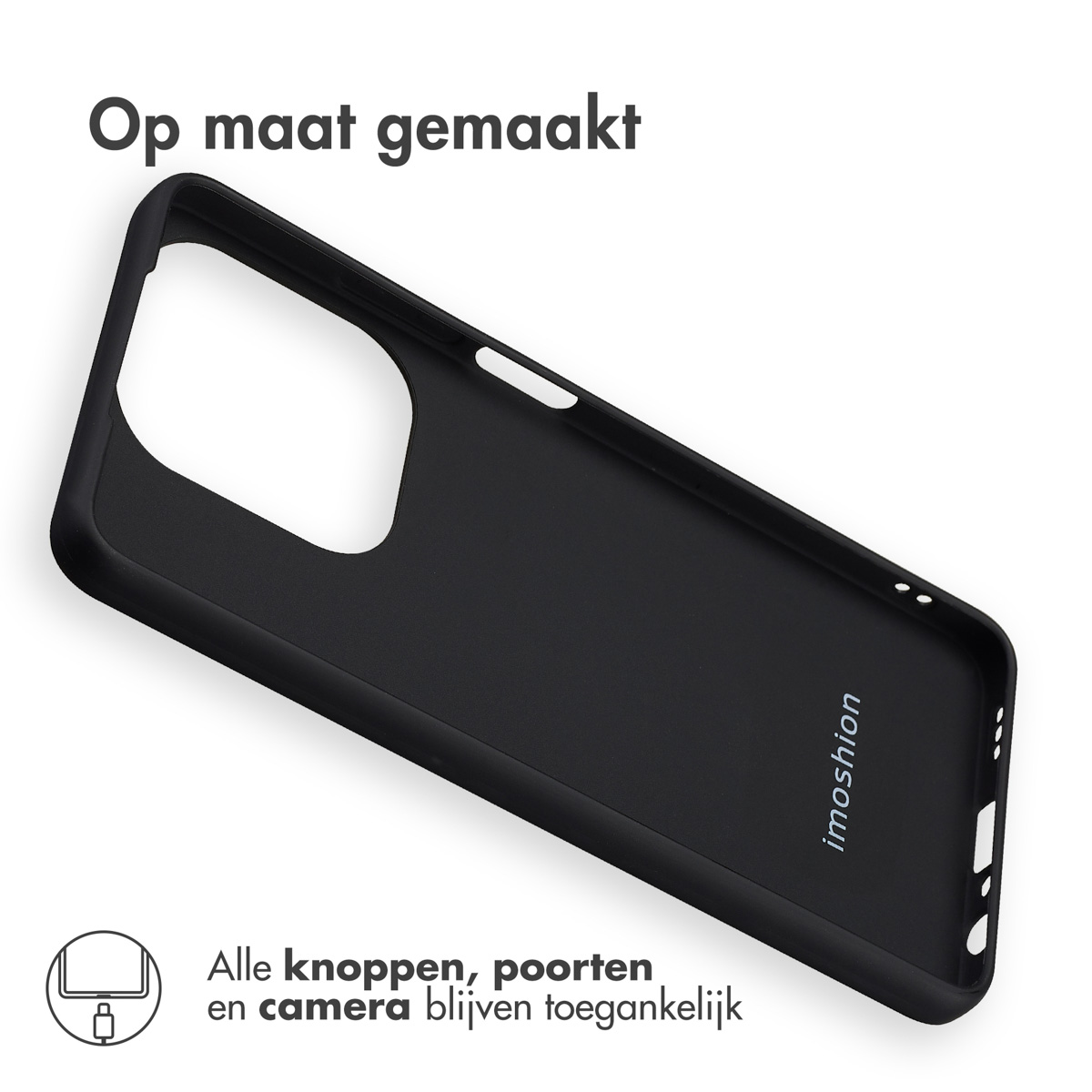 Zwarte telefoonhoes onder een hoek. Tekst: Op maat gemaakt. Alle knoppen, poorten en de camera blijven toegankelijk.