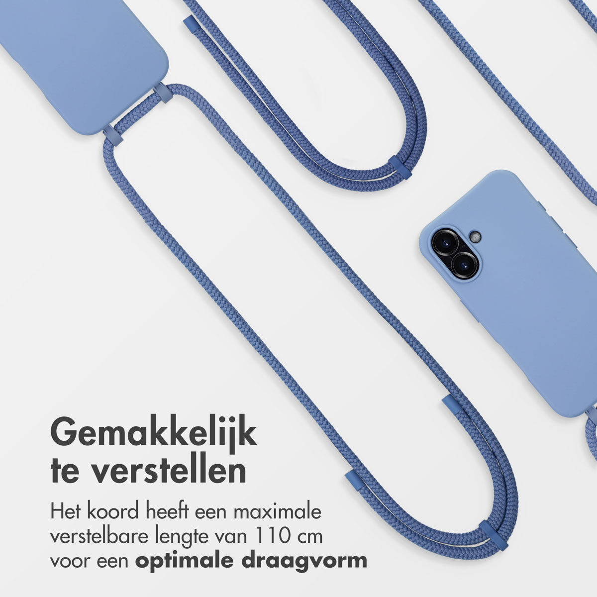 Blauwe telefoonhoes en koord op witte achtergrond. Nederlandse tekst.